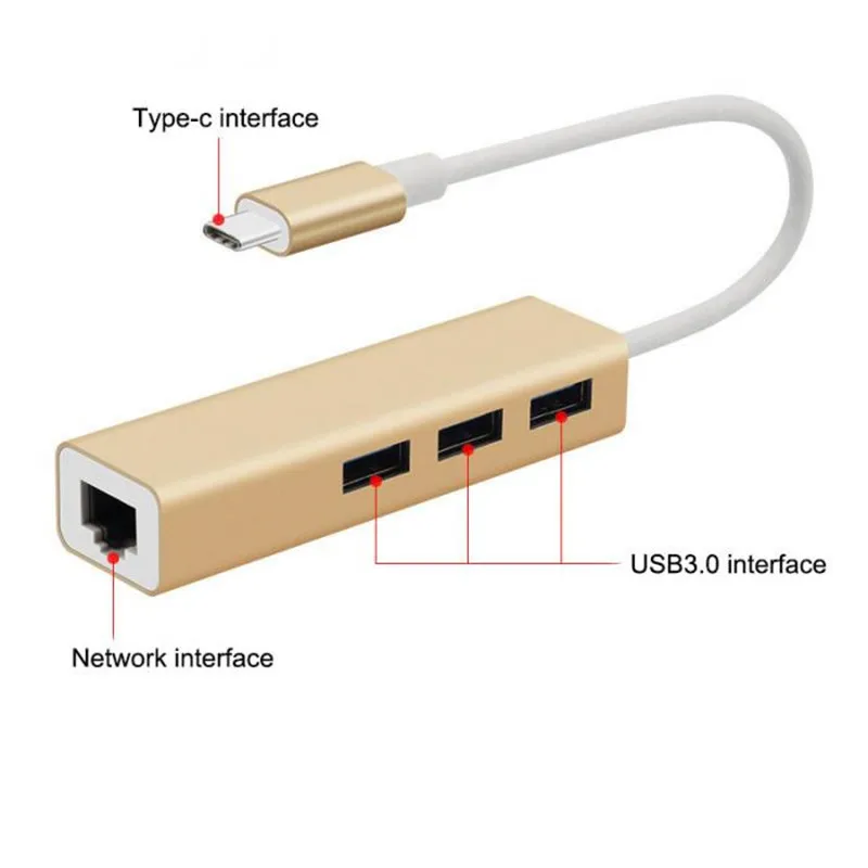 Basix USB C Ethernet-адаптер USB C концентратор с USB3.0 концентратора 3 Порты RJ45 Gigabt сетевой карты сетевой адаптер для macbook Pro Тип-c концентратора - Цвет: gold