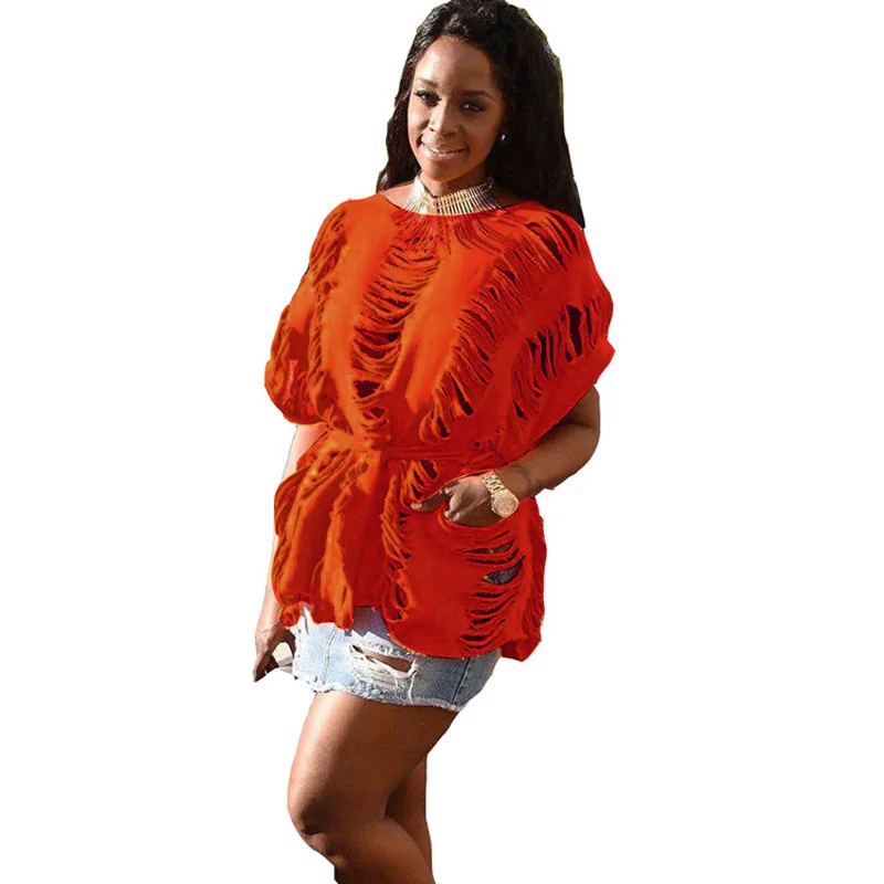 المرأة قصيرة الأكمام يا الرقبة ممزق حفرة القمصان عارضة فضفاض الشارع الشهير نمط الشرير الصخرة قمم المحملة السيدات مضحك قميص مع الزنانير