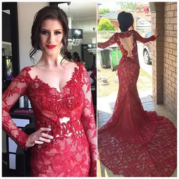 

Red Muslim Evening Dresses Mermaid Long Sleeves Lace Beaded Elegant Islamic Dubai Saudi Arabic Long Evening Gown Prom Dress
