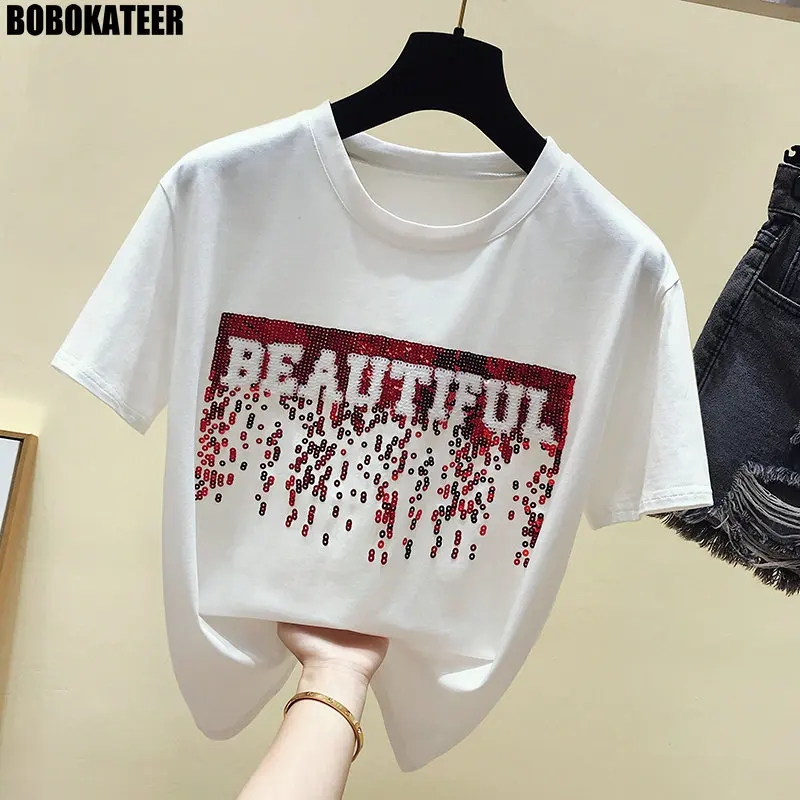 

BOBOKATEER Cotton White T shirt Women Tops Vintage Summer Top Female T-shirt Short Sleeve Sequin Black Tee Shirt Femme New 2019