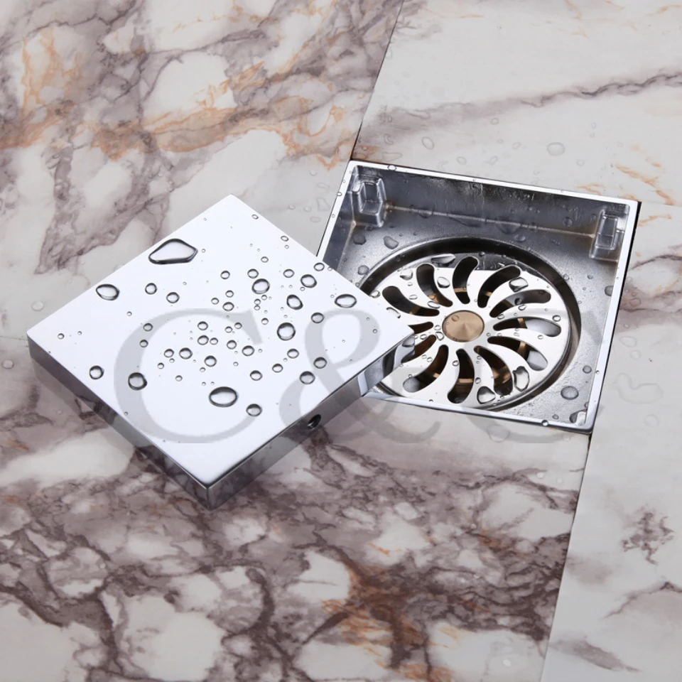 4 Inch Solid Brass Chrome Square Bathroom Floor Drain Odor Removal Sink