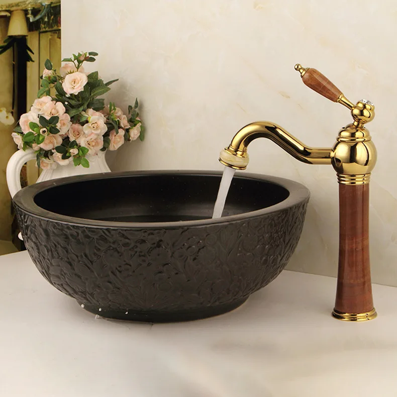 

Copper Jade Single Hole Faucet Gilt European-style Hot and Cold Water Rotating Basin Plus High Gold Basin Faucet Deck Mounted