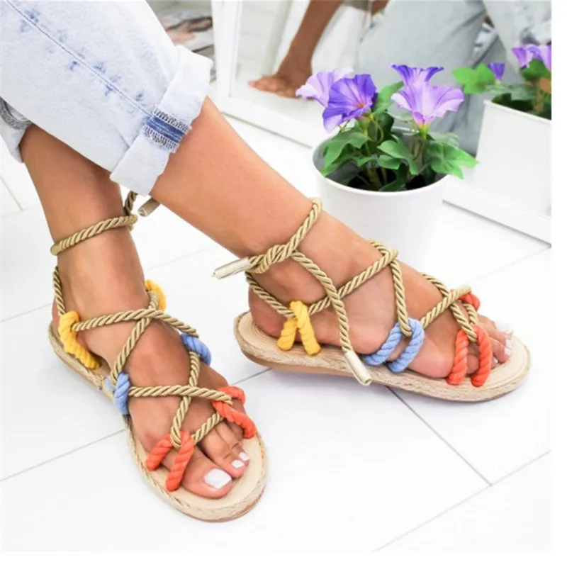 

Lace Up flat Rome Sandals Women 2019 Summer Shoes Women Gladiator Sandals Fashion versatile casual female shoes