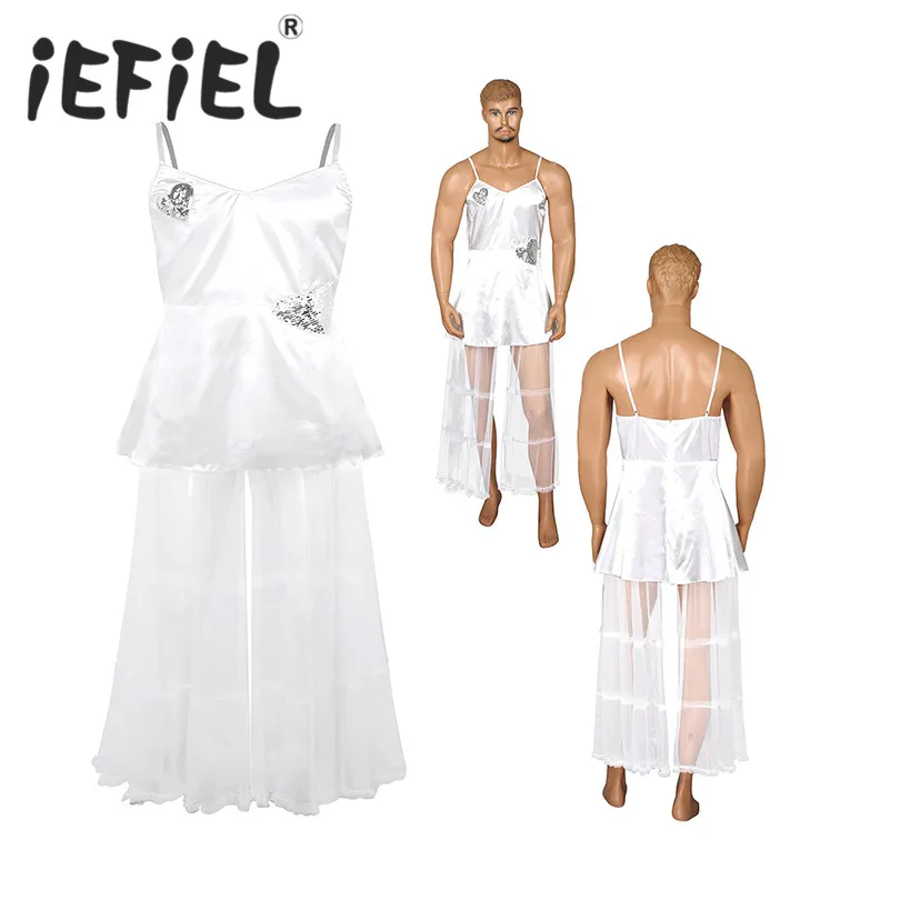 

Mens Sissy Satin Adjustable Spaghetti Shoulder Straps with Detached Side Tulle Exotic Dresses Bride Wedding Fancy Dress Costume