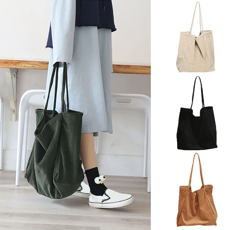 

Big Capacity Corduroy Vintage Women Shoulder Bags Autumn Winter Open Thin Straps Tote Bag Handbags Ladies Retro Solid Bag B96