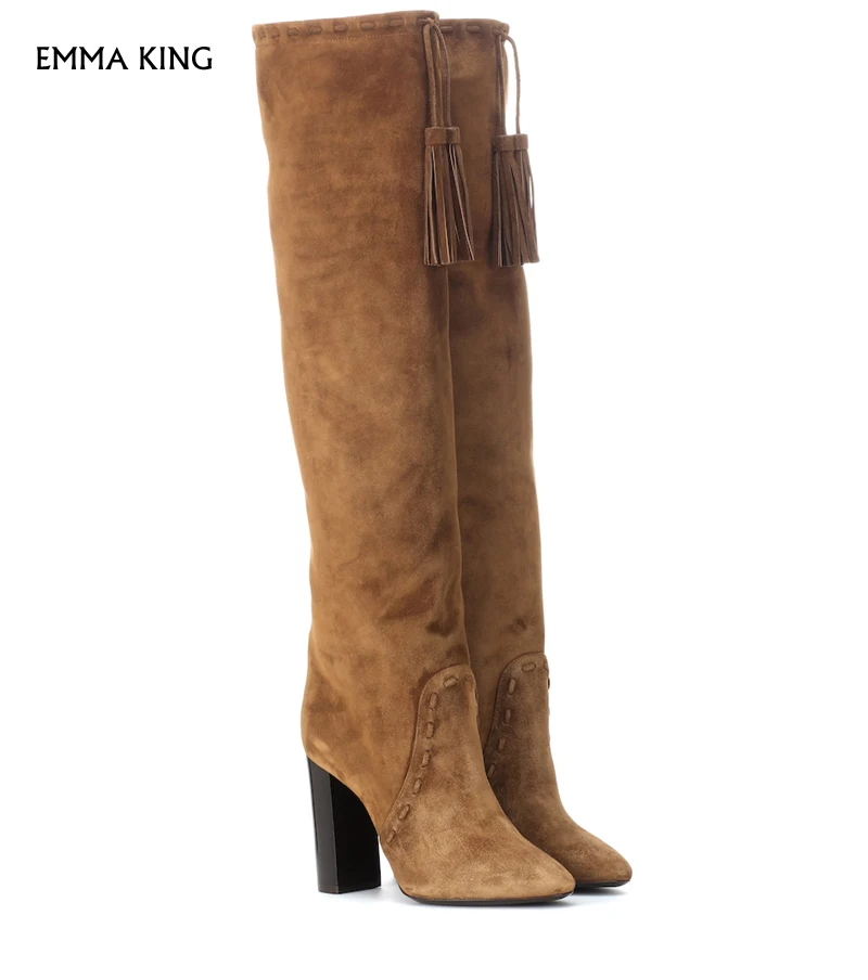 

Suede in Brown Knee-high Boots Silhouette Drawstring Tassel Trim High Heels Botas Mujer2019 Party Fashion Shoes Woman Plus Size