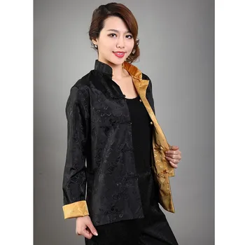

Black Gold Two-sided Middle-Aged Mother Satin Polyester Novelty Single Breasted Tang Suit Reversible Costume Size S To XXXL T049