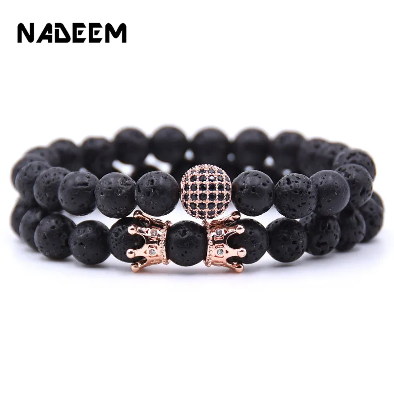 

2Pcs/Set Double Crown Bracelet Sets Men Women 2019 New Fashion Couple Lava Stone Bead CZ Ball Charm Bracelet Jewelry Accessories