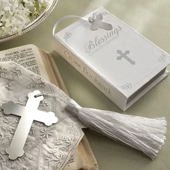 

Metal Silver Cross Bookmark with Tassel Delicate Box Packing Birthday Gift Wedding Decor Party Favor W9201