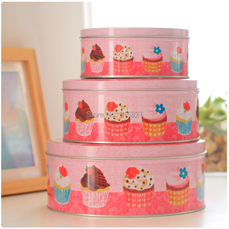 

Free Shipping!New Pink Cup Cake Case Metal Round Storage Box Handmade Biscuit Box Gift Case 3pcs/set Candy Box