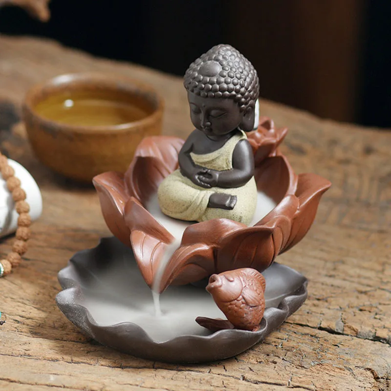 

Creative Lotus Buddha Ornaments Censer Retro Tea Ceremony Ceramic Backflow Incense Burner Tea House Aromatherapy Decoration