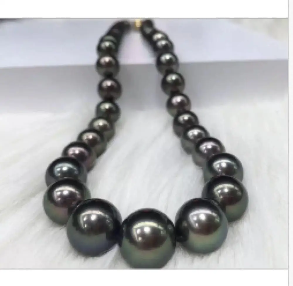 

stunning 11-12mm freshwater round black green pearl necklace 18inch 925s
