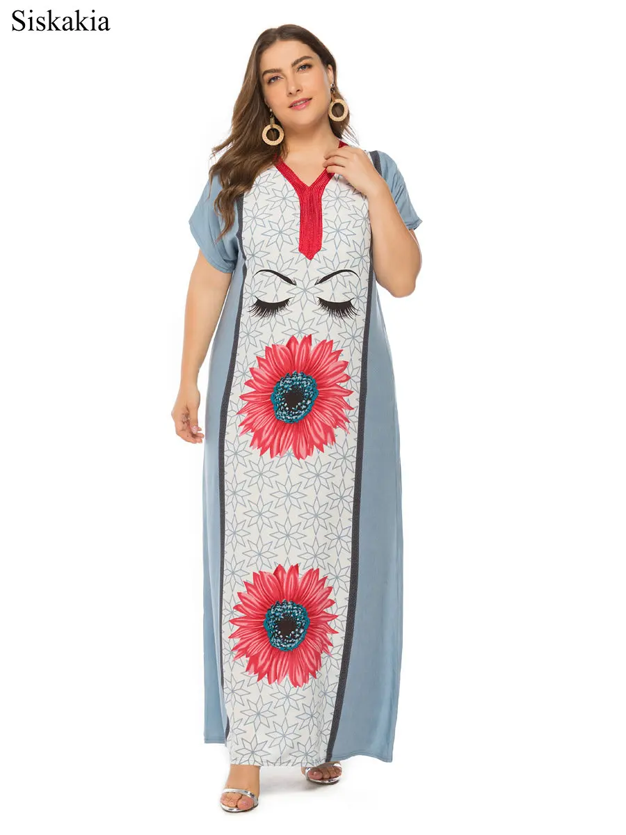 Siskakia Flower Print Plus Size Women Maxi Long Dress Vintage Loose V Neck Short Sleeve Female Dresses Blue Pink Summer 2019 New (6)
