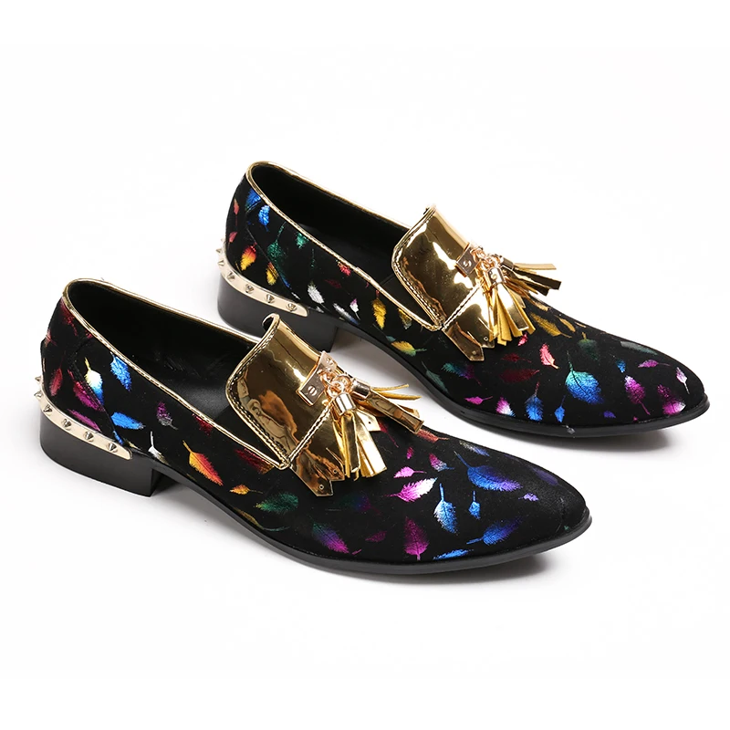 New mens fashion tassel print leather casual shoes pointed toe slip on