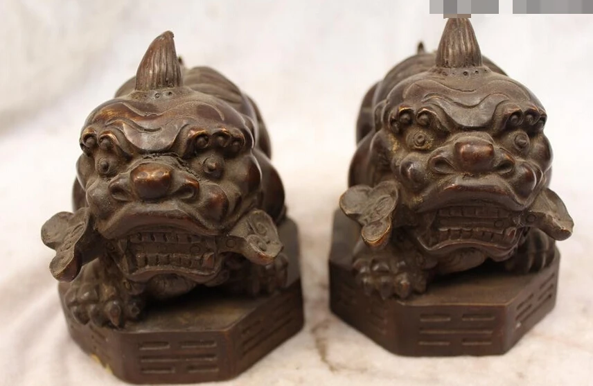 

xiuli 003910 5"Chinese Folk Purple Bronze carved eximous Lucky RuYi unicorn Statue Pair