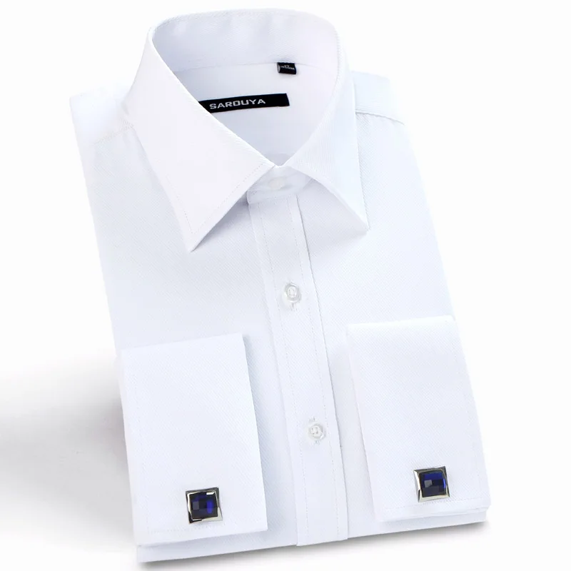2016 Men's Luxury French Cuff Solid Color Dress Shirts Peaked Collar Long Sleeve Classic-fit Formal Shirt (Cufflinks Included)
