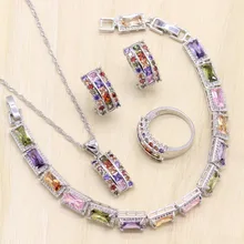 925 пробы серебряные женские Ювелирные наборы многоцветный кубический циркон Браслет геометрические серьги/кулон/ожерелье/кольцо Бесплатный подарок