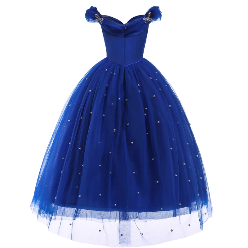 Нарядное платье принцессы синего цвета вечерние платье до лодыжки для девочек Длина с открытыми плечами Жемчуг бальное платье детский костюм для хеллоуина Косплэй одежда в стиле Золушки