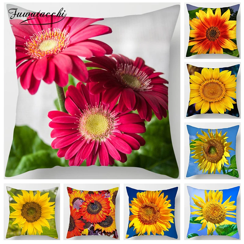 Fuwatacchi Sunflower Cushion Cover Pink Yellow Sunflower Pillow Cover for Home Sofa Chair Decorative Pillows Square Pillowcases