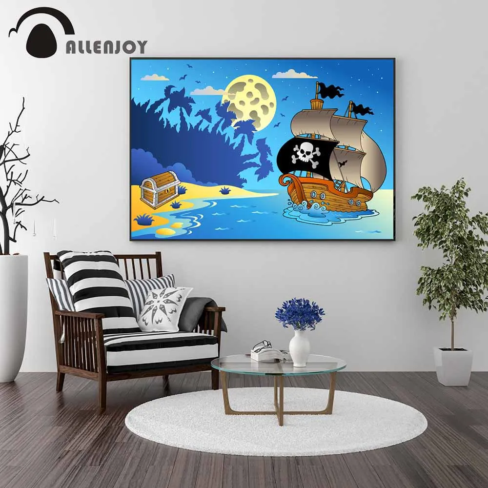 Allenjoy мультфильм постер Пиратская лодка море Луна сокровище пляж акварельные