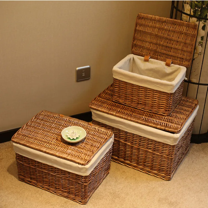 Classic Handwoven Household Storage Wicker Basket with Lid for Clothes Sundries Pastoral Home Rattan Laundry Basket with Liners