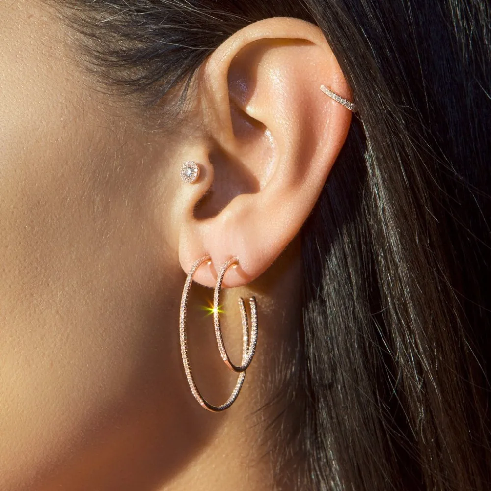

2018 37mm 45mm thin cz circle hoop earring european big small hoop set sparking bling classic european women hoop FINE jewelry