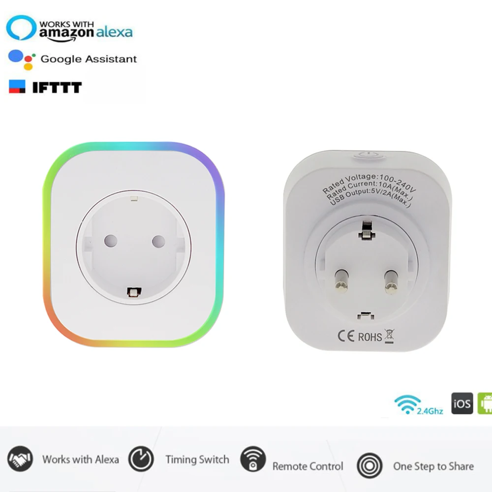 

Alexa Smart EU Plug Wifi Socket Outlet With RGB Night Lamp Power Monitor USB Interface Timing Standard Plug Google Home IFTTT