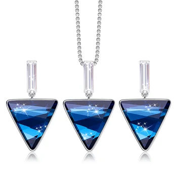 

LuxJuly Women Crystals Jewelry Set Blue Triangle Pendant Necklace Earring