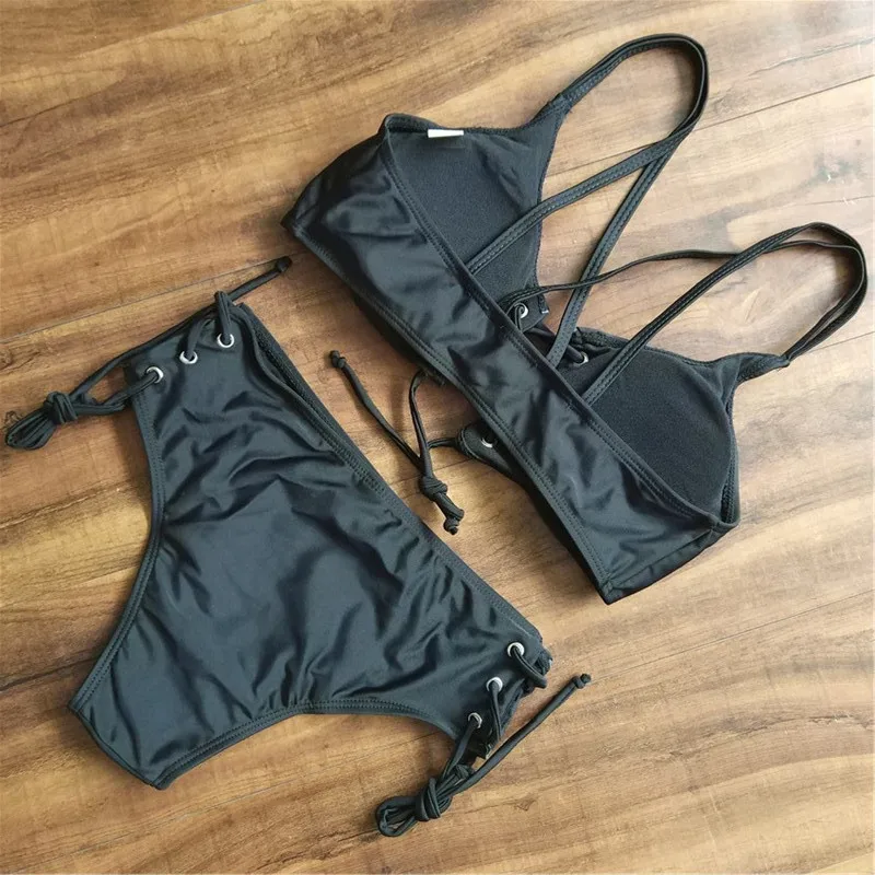 Sexy String Bikini 2019 Mujer Bandeau 2 Piece Swimsuit High Leg Trikini Black Retro Vintage Swiming Suit Solid Padded Biquini XL