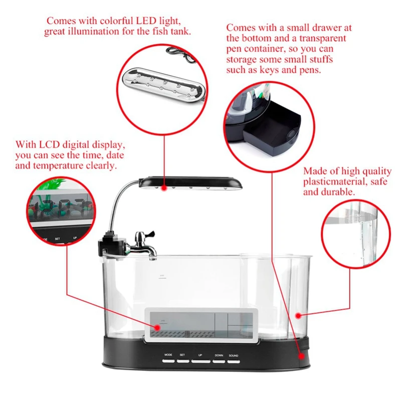 Mini Fish Tank Aquarium with Clock Multifunctional Function Led Light Usb Rechargeable Fish Tank Aquarium Home Decor