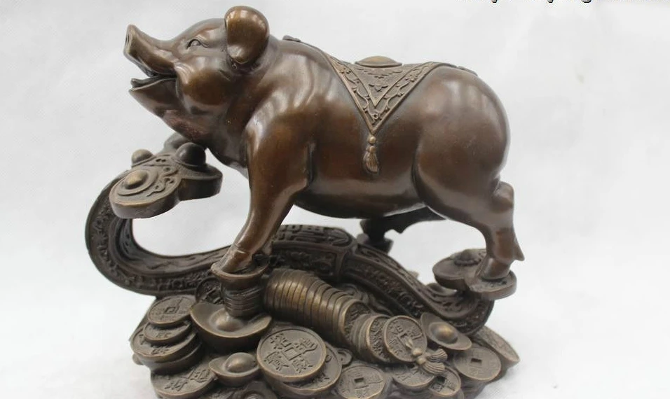 

8"Chinese Folk Feng Shui Bronze Lifelike Lucky Money drawing Ru Yi Pig Statue