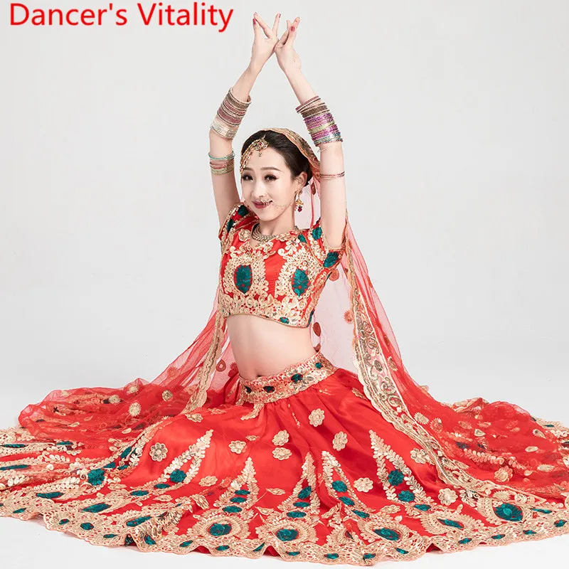 

Indian Belly Oriental Dance Wear Women Competition Performance Costume Top Skirt Veil Pants 4pcs Set Suit Luxurious Garments