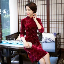 2018 Chinese Qipao Clothes Women’s Satin Cheongsam Qipao Corduroy Short Dress Chinese Oriental Dresses Traditional Cheongsams