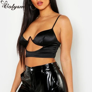 

Colysmo Summer Cropped 2019 New Women Streetwear Curved Cut Out Satin Sexy Crop Top Neon Pink Spaghetti Straps Blackless Bustier