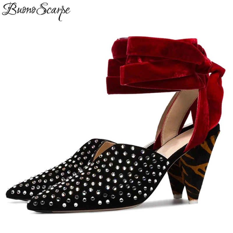 

Genuine Leather Women Party Shoes Sexy High Heels Shoes Pumps Women Fashion Pointed Toe Black Shoes Ladies Sandals Crystal Mules