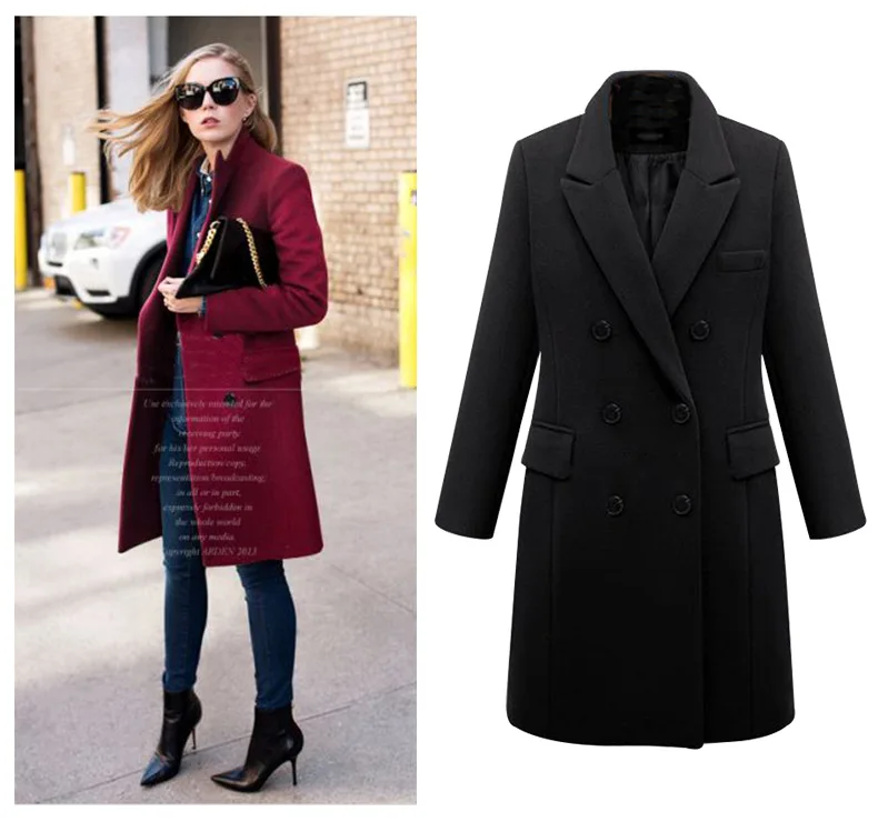 Зимнее женское Шерстяное Пальто размера плюс, XL-5XL, тонкое, тонкое, двубортное, casaco de inverno feminino, длинное шерстяное пальто, женская куртка - Цвет: Черный