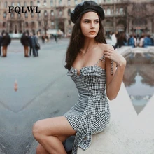 

FQLWL Spaghetti Strap Plaid Summer Dress Ruffles Backless Bodycon Robe Vintage Mini Dress Bow Tie Cotton Women Dresses Vestiods
