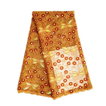 

New Arrival 5 Yards/lot Orange Nigerian Lace on Sale French Lace Fabric Embroidered Sequins Fabrics 2019 Tulle Lace Fabric