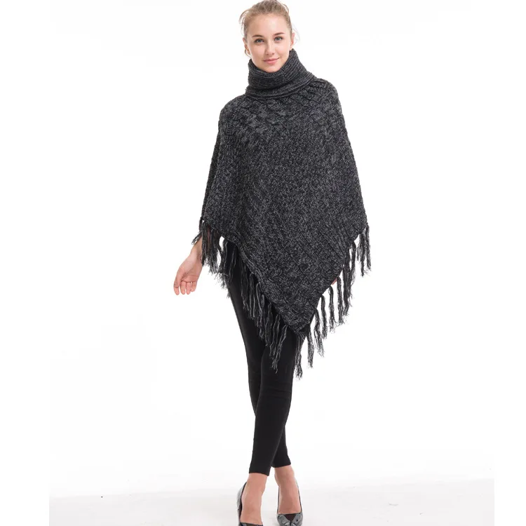 Осенне-зимнее пончо стильные вязаные свитера с высоким воротом Женский пуловер большого размера Женский вязаный джемпер модный Свободный плащ