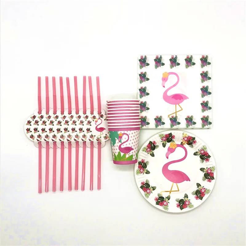 

New 80Pcs/Lot Flamingo Theme Design Paper Tableware Wedding Boy Girl Birthday Party Cup Plate Straw Napkin Decoration Supplies