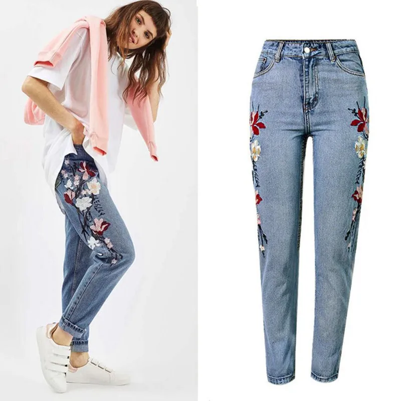 Для женщин цветок вышитые джинсы для Дамы Винтаж мотобрюки Женские джинсовые штаны с эластичной резинкой на талии молнией