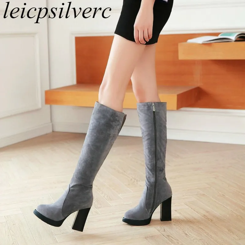 

Women Boots Autumn Winter Super High Heel Warm Pointed Toe Flock Zip Knee High Motorcycle Boots Platform 2019 New Sexy Fashion