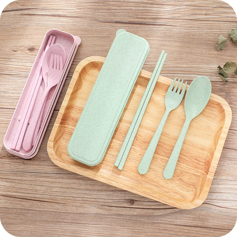 

Table Flatware Set Plastic Dinner Fork Spoons Chopstick 3 in 1 Kids Dinnerware Portable Travel Cutlery Set With Box Gifts