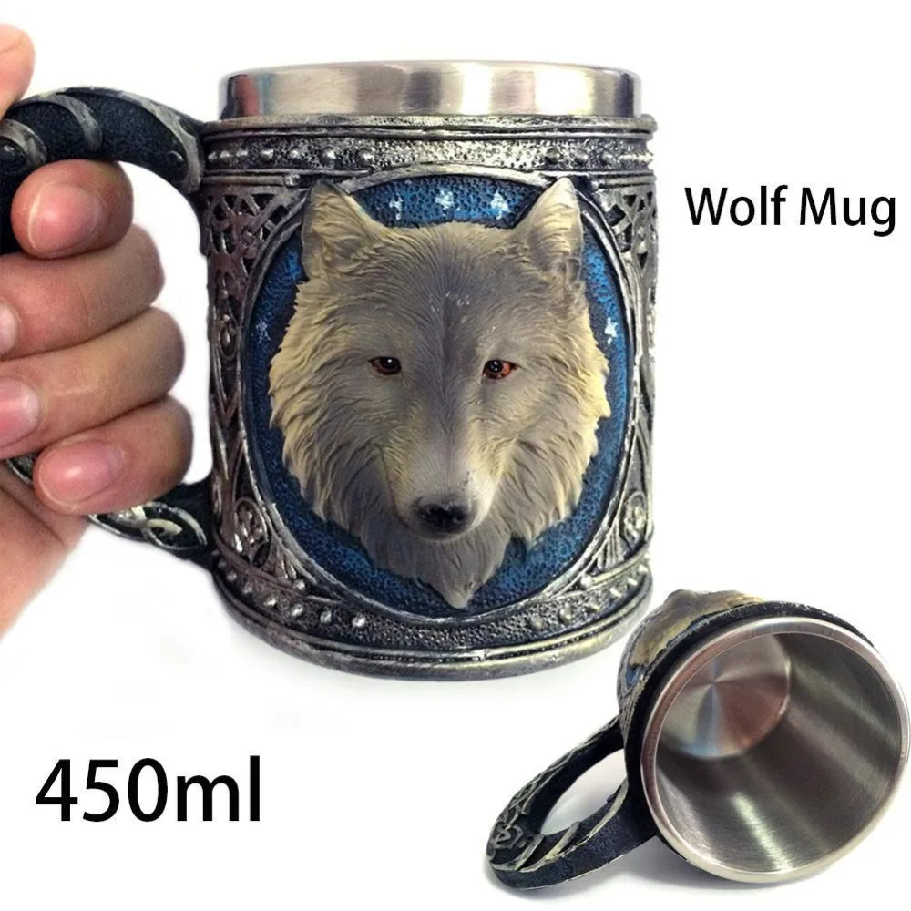450ML Double Wall Resin Stainless Steel 3D Wolf Head Mugs Coffee Tea Beer Cup Mug Animal