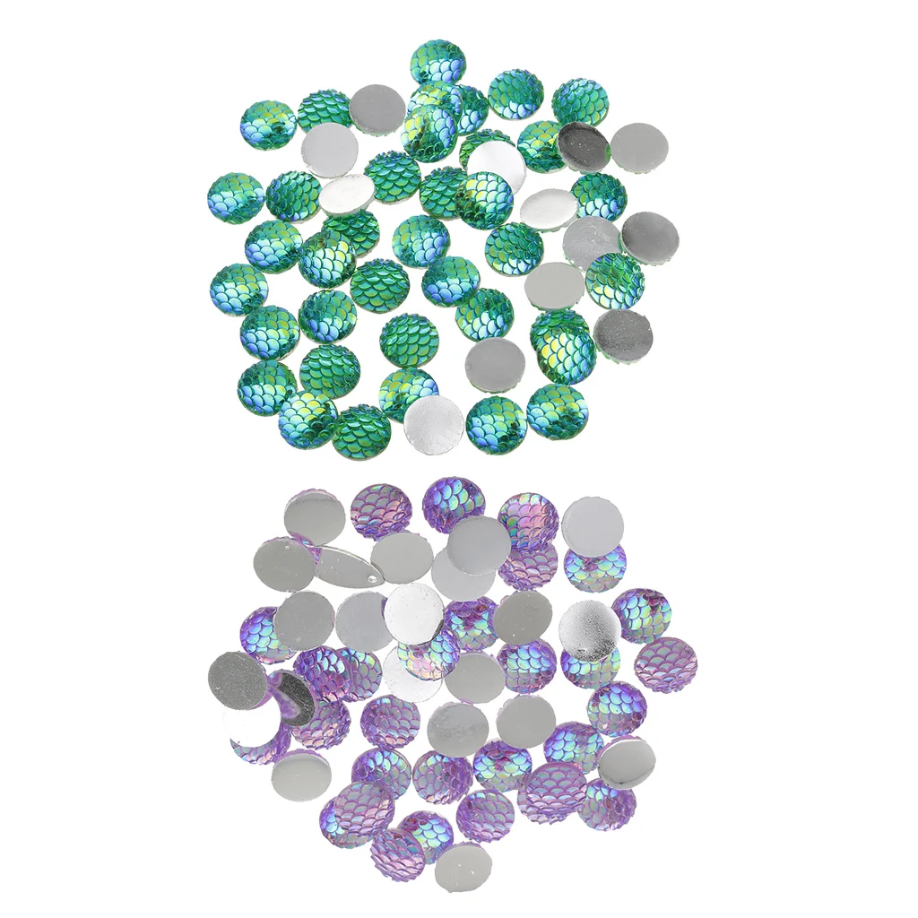 100 Pieces Green and Deep Purple Colors Mermaid Dome Seals Cabochon Jewelry Supplies DIY Embellished Crafts 12 mm
