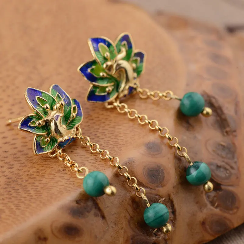 

FNJ 925 Silver Peacock Earrings for Women Jewelry Natural Malachite Stone Pure Original S925 Silver Sterling Drop Earring