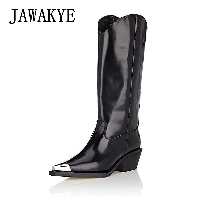 

Genuine Leather Knee High Boots Women Metal Pointed toe Rome Gladiator Wedge combat boots Thick heel Martin Leather Shoes Women