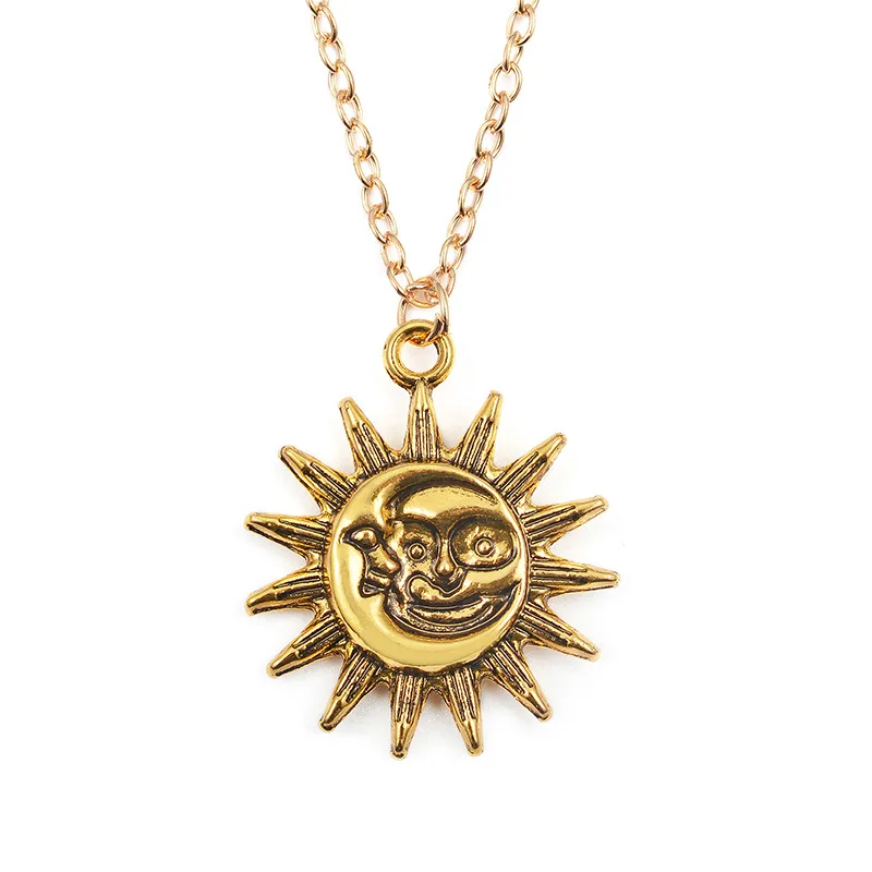 Лучшие продажи Ретро тренд Золотой Солнечный кулон личность творческое Солнце Луна ожерелье