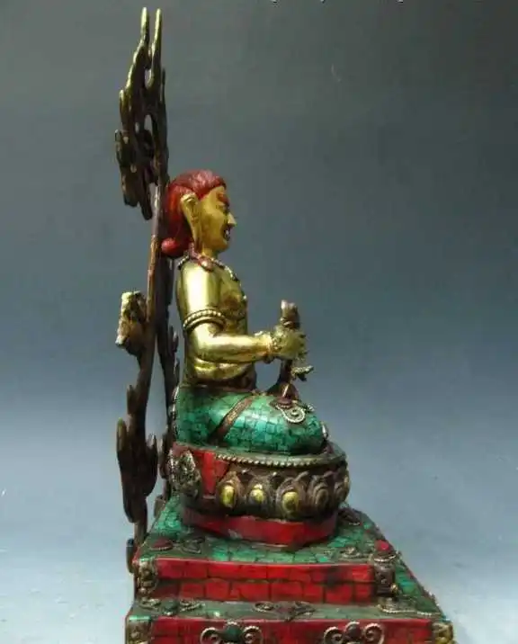 

Tibet Pure Bronze Gild inlay ruby beryl coral turquoise Acalanatha Buddha Statue