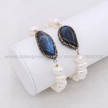 

Natural Pearl Strand Natural blue stone Charms bracelets handcrafted beaded chain Bracelet DIY Strand for women 1476
